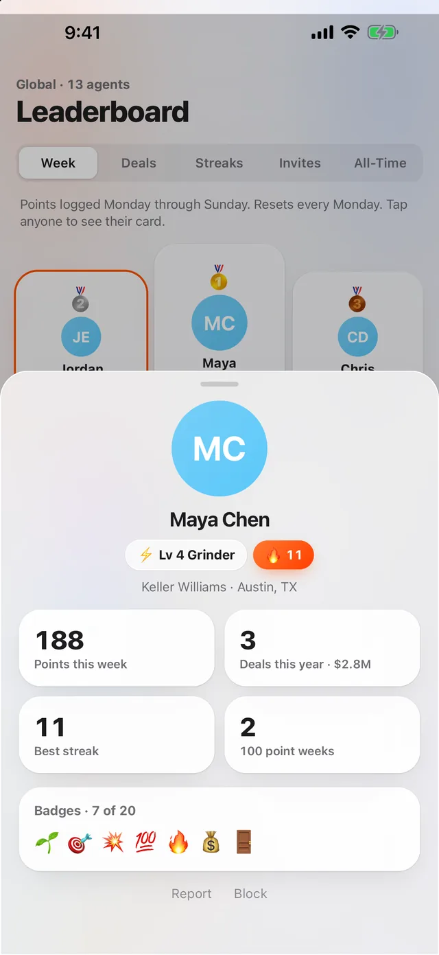 Player card with stats and badges