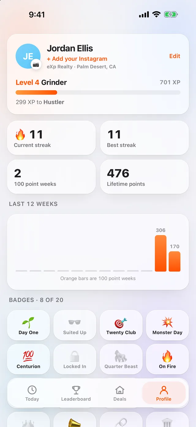 Profile with level, streaks and badges