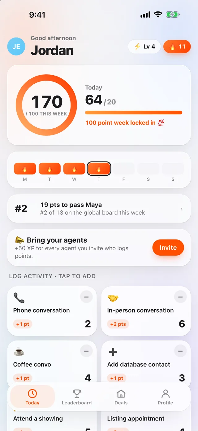 Today screen with weekly points ring and streak